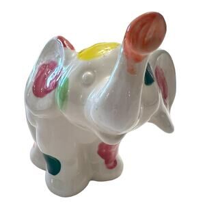 Hand painted Signed Ceramic Elephant with Multi Colored Polka Dots
